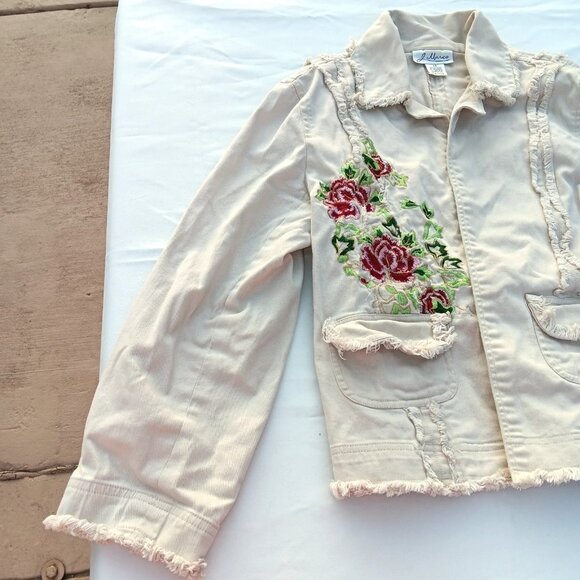 J Marco Embroidered Denim Jacket Frayed Stretch Beige Tan Shabby Chic Rose Large - Picture 3 of 7